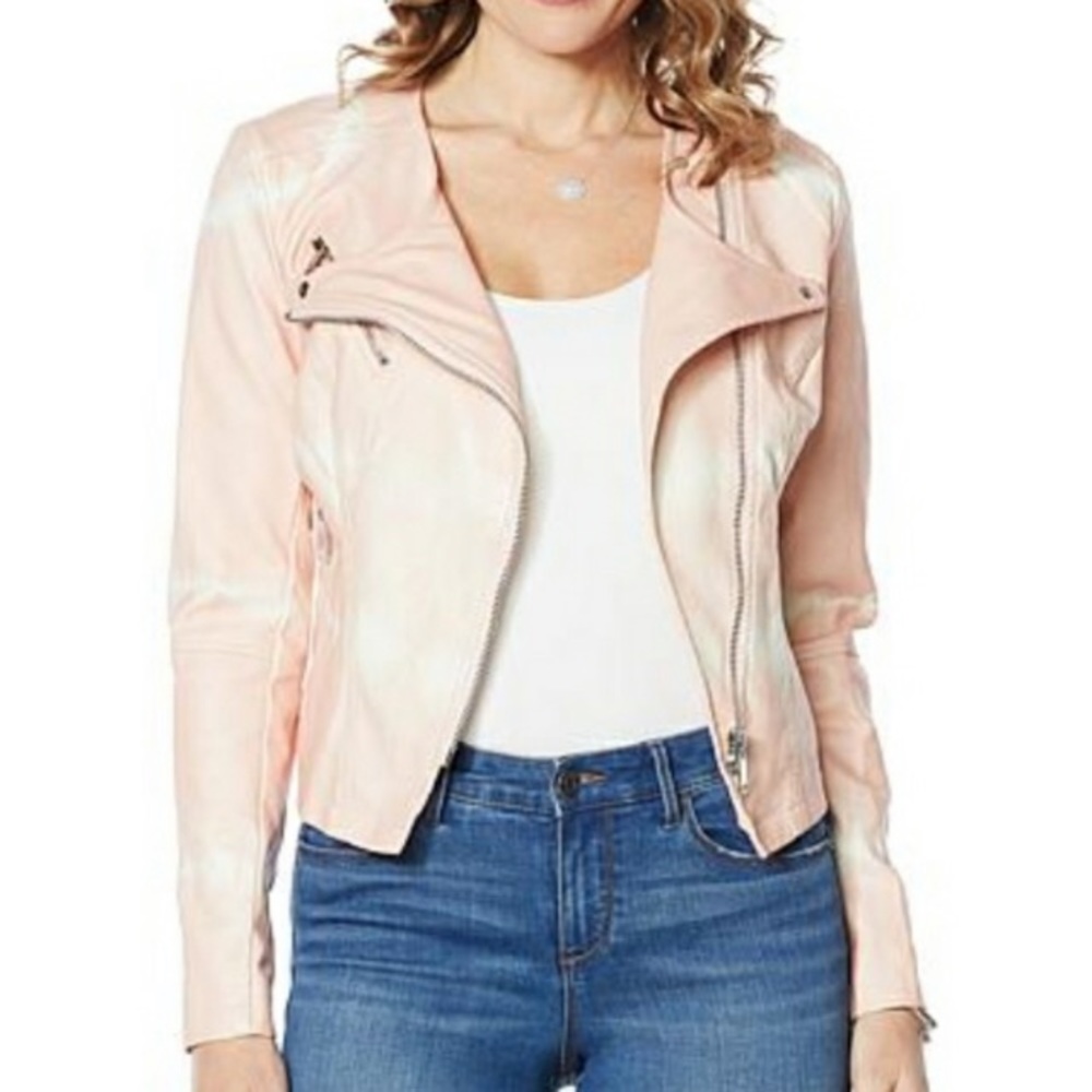 SKINNYGIRL JEANS Jacket Medium M Peach Silk Dan Tie-Dyed Moto NWT Pleather Zip